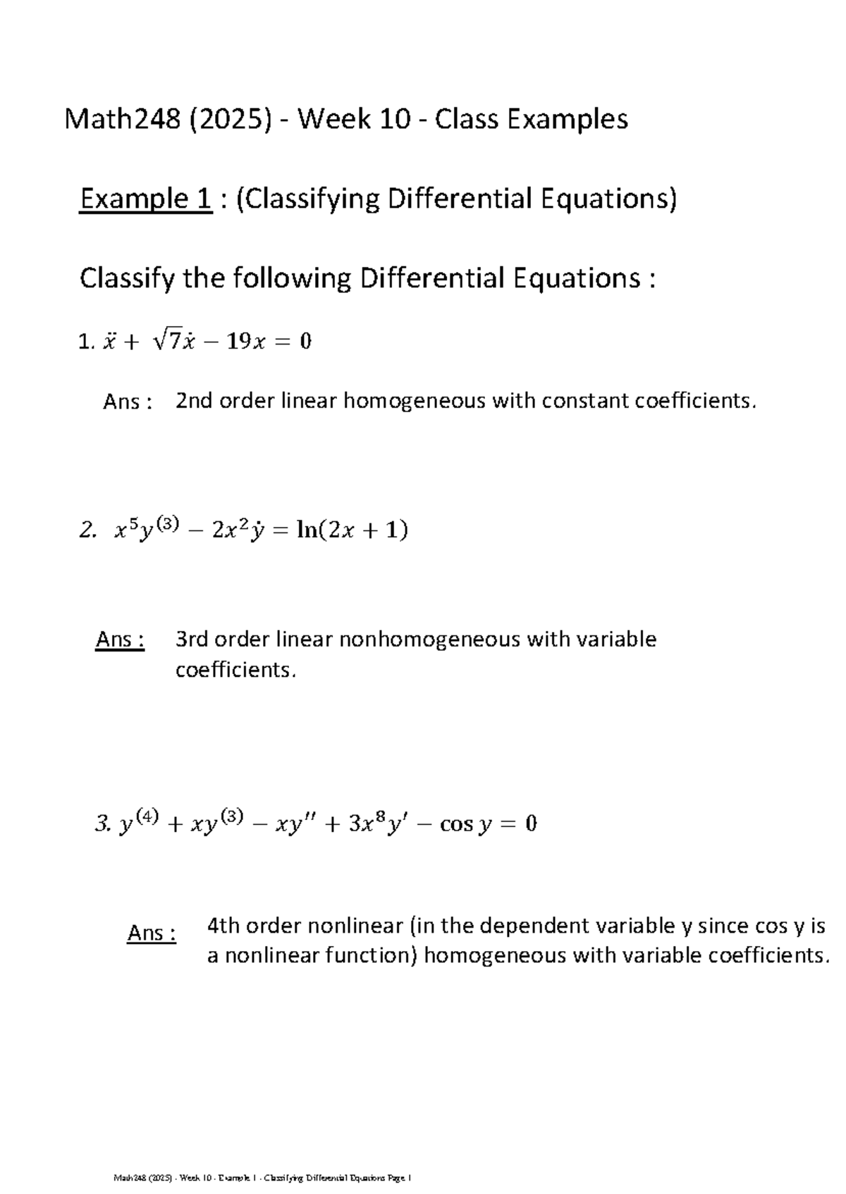 Math248 (2025) Week 10 Class Examples: Classifying DEs - Studocu
