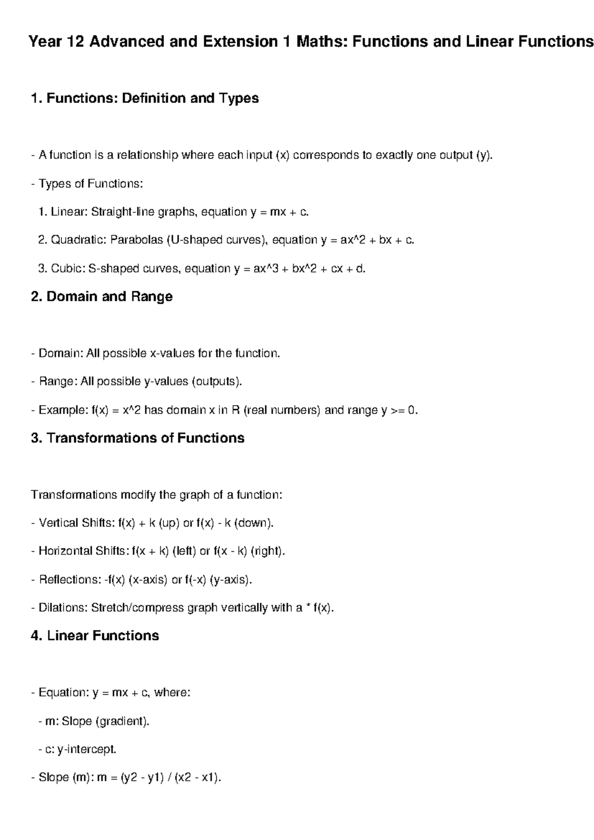Year 12 Functions and Linear Functions Advanced Fixed - Year 12 ...