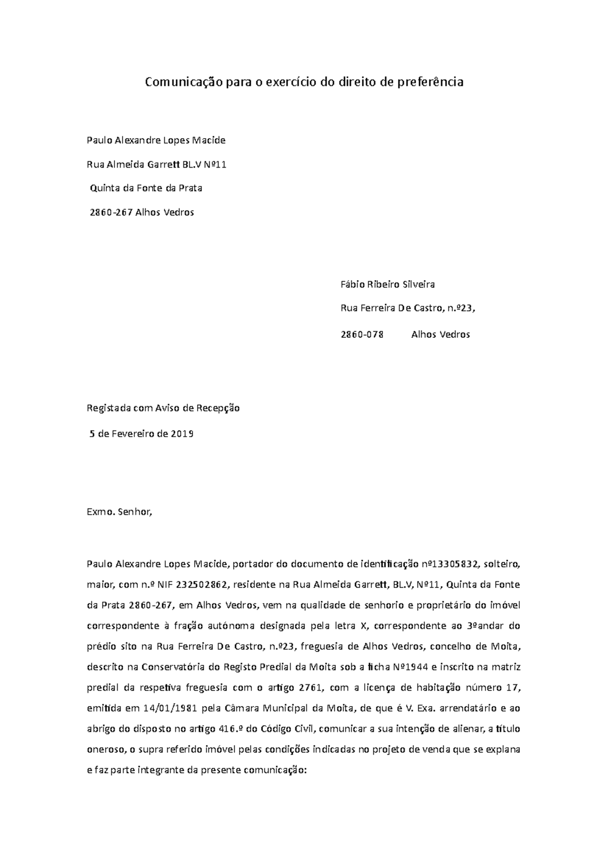 Carta de Intenção de Preferência ao Inquilino - 5 de Fevereiro 2019 - Document Preview