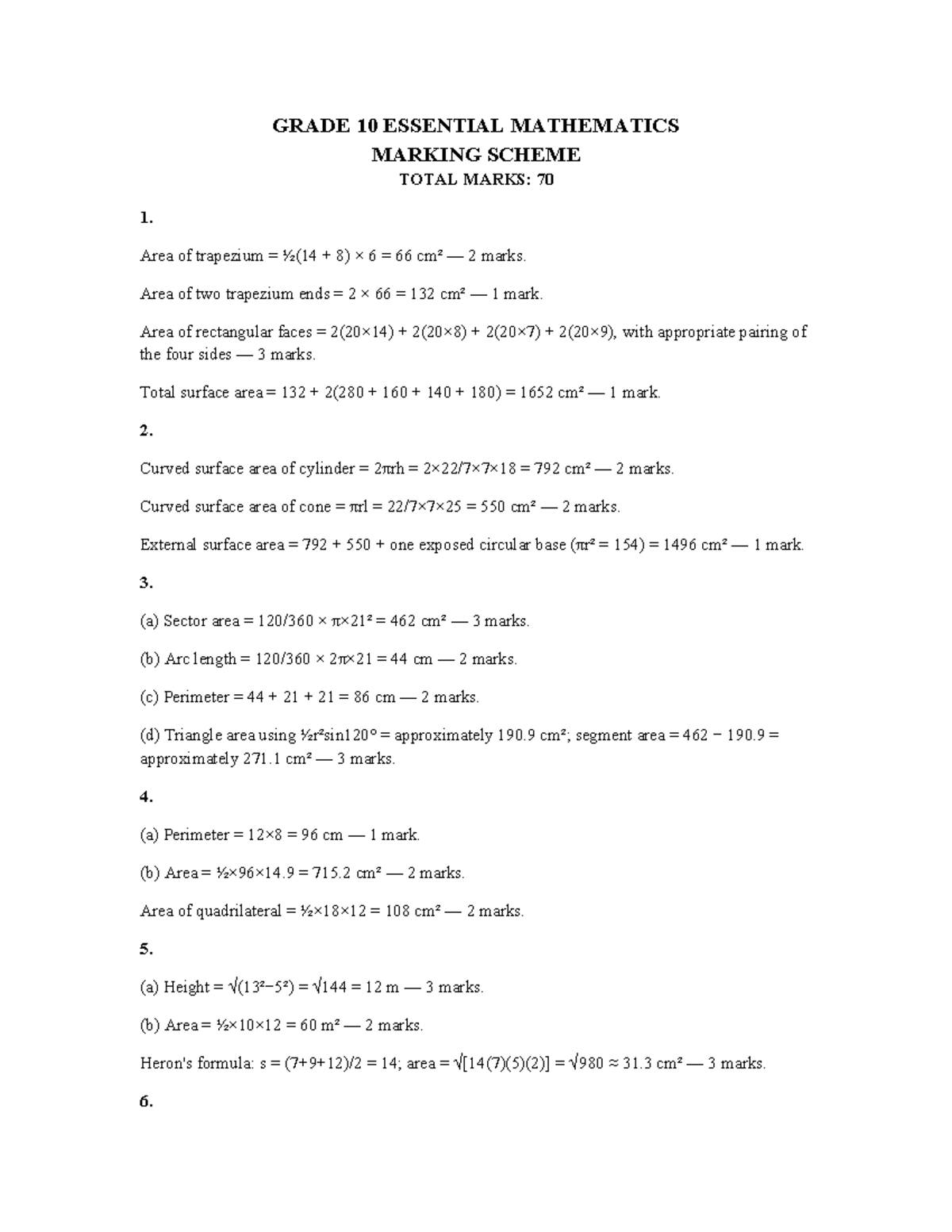 GRADE 10 ESSENTIAL MATH MARKING SCHEME - TOTAL 70 MARKS - Studocu