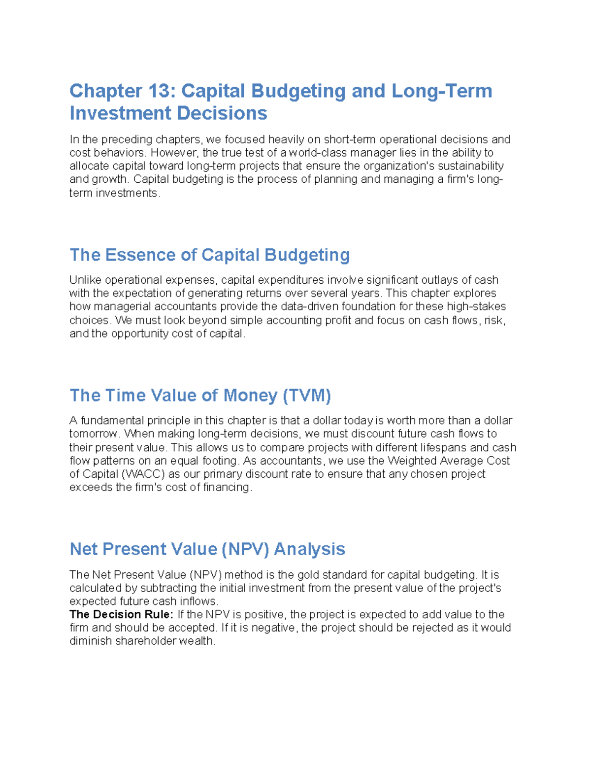 Managerial Accounting: Chapter 13 - Capital Budgeting Insights - Studocu