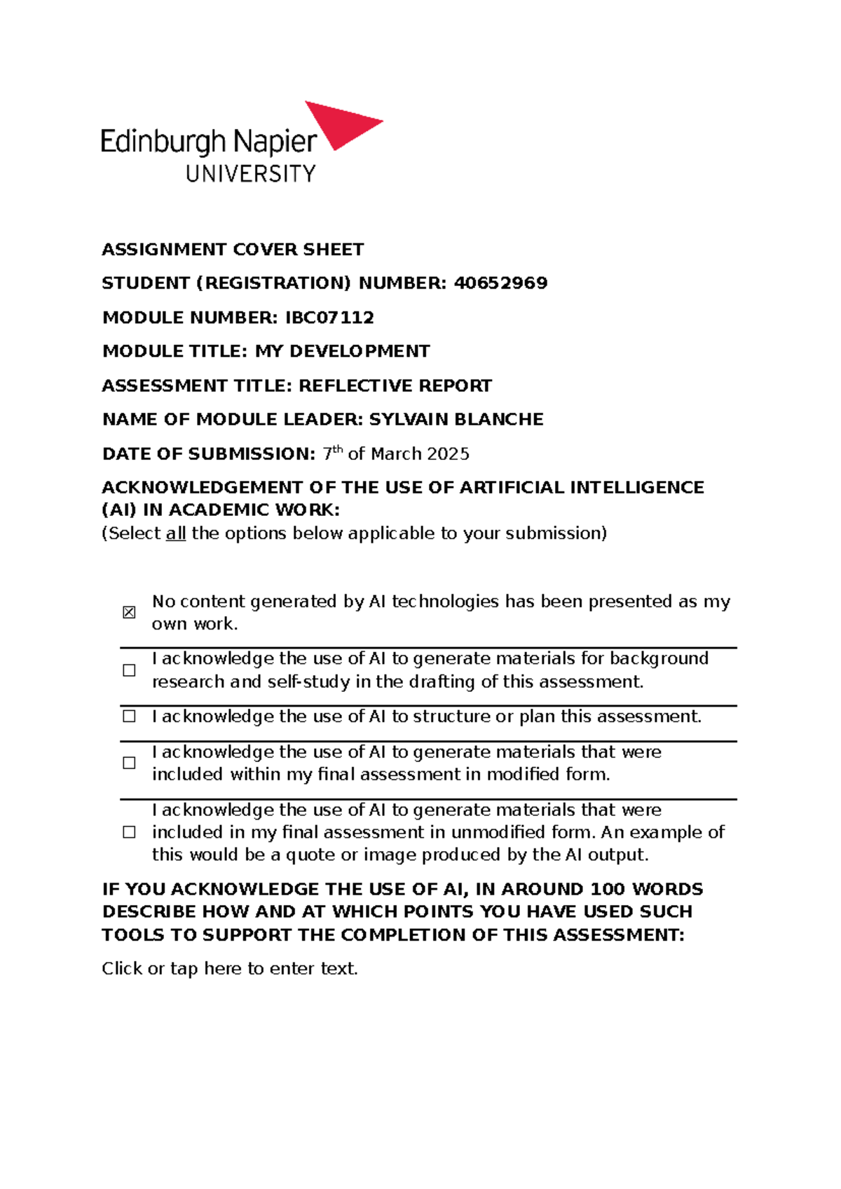 My Develpoment Essay - ASSIGNMENT COVER SHEET STUDENT (REGISTRATION ...