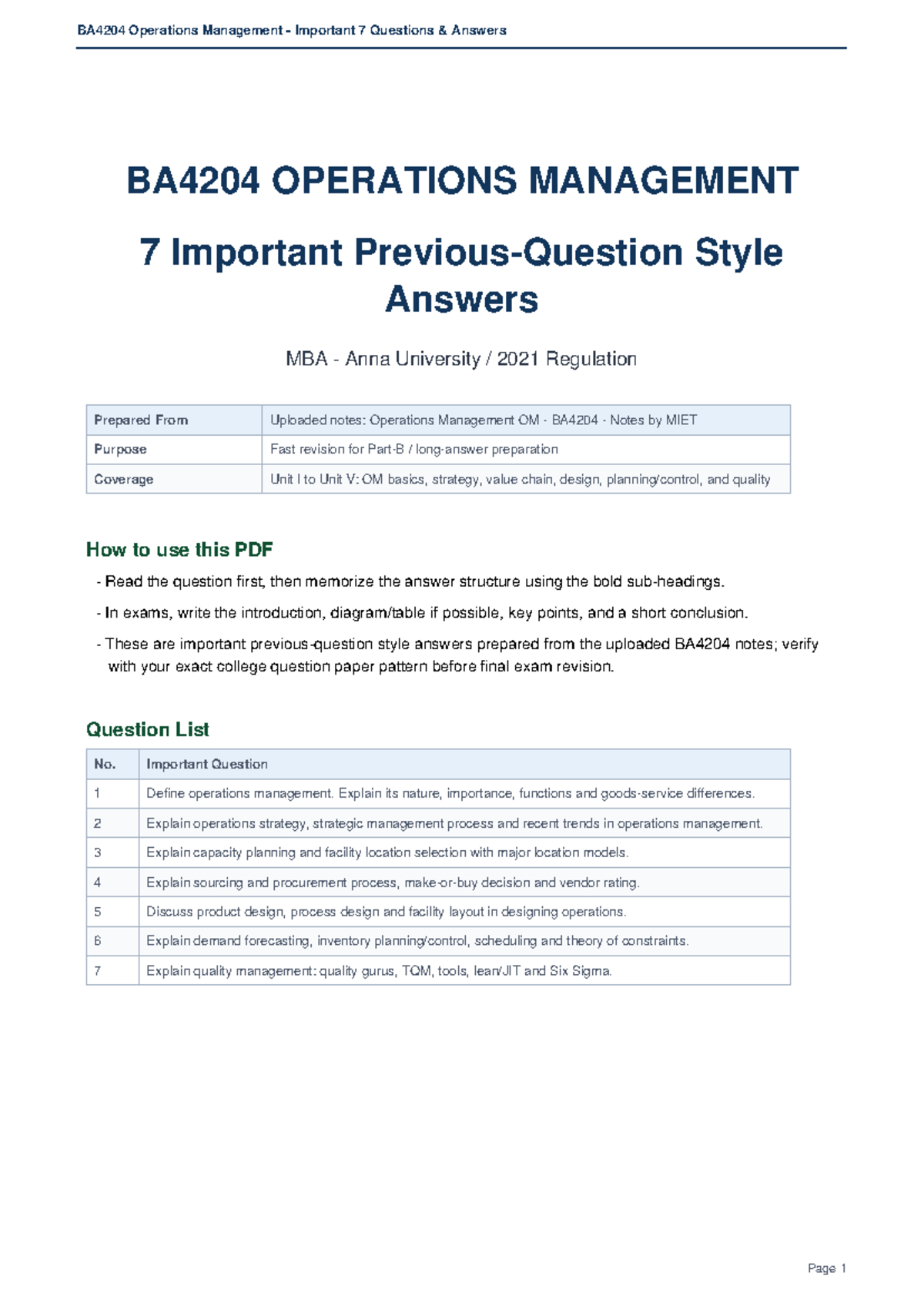 BA4204 Operations Management 7 Key Questions & Answers for Exam Prep ...
