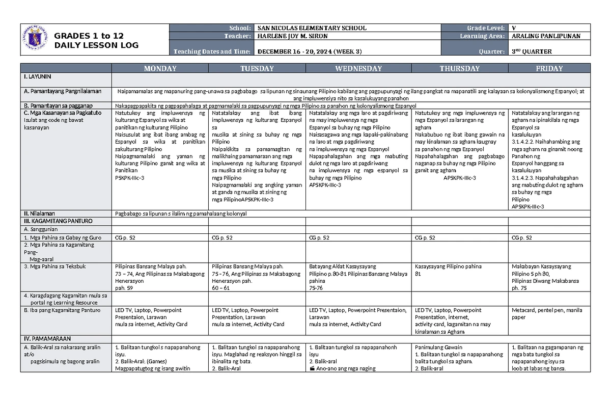 DLL Araling Panlipunan 5 Q3 W5 - GRADES 1 to 12 DAILY LESSON LOG School ...