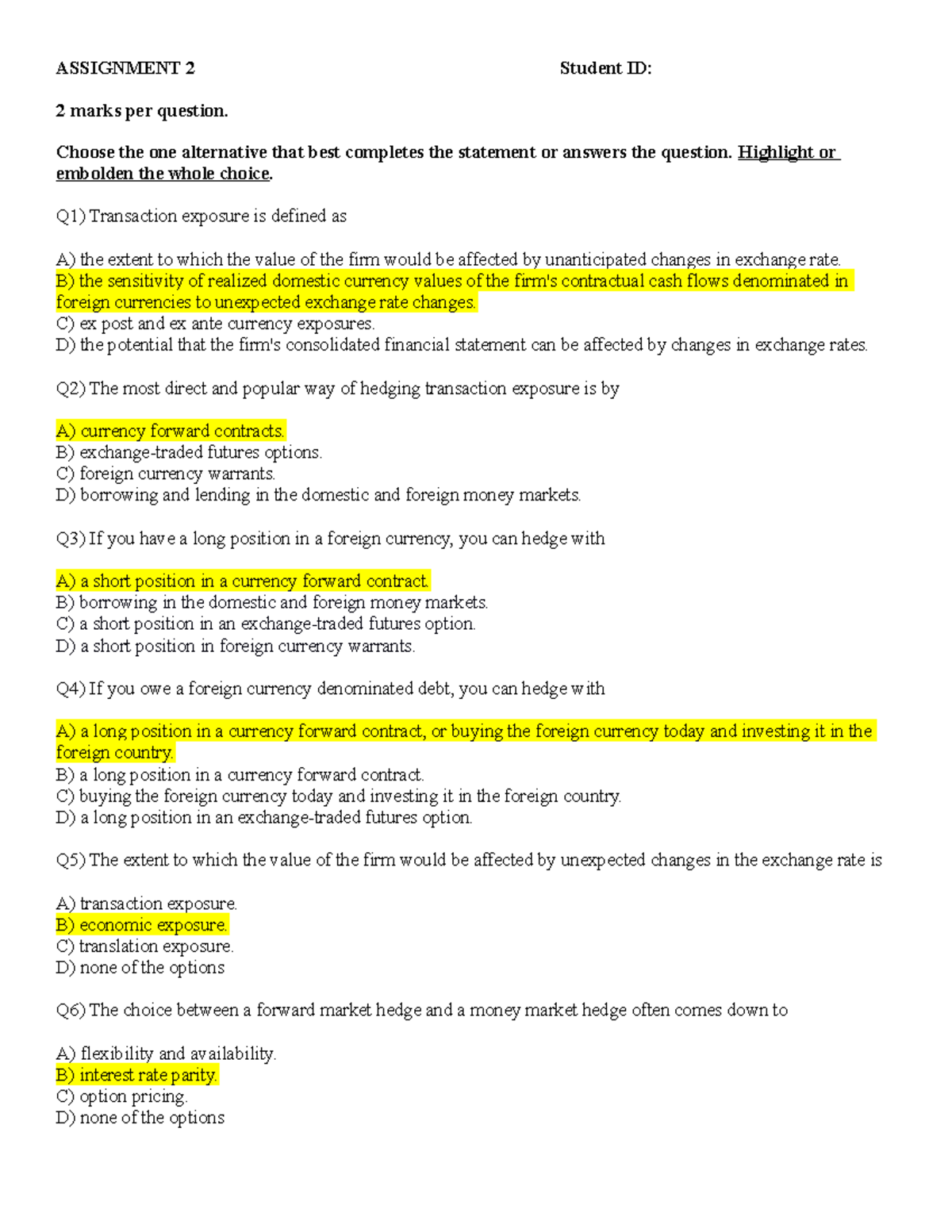 Assignment 02: Exchange Rate Risk and Hedging Strategies Questions ...