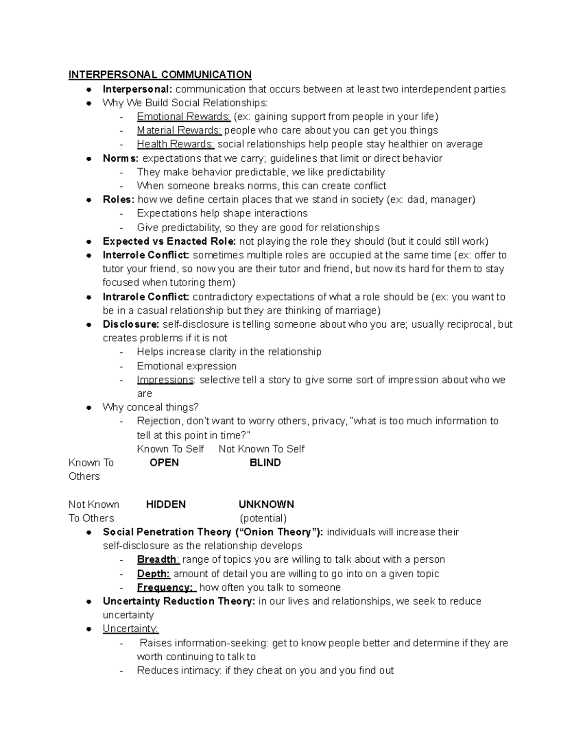 COMM 1000 Exam #2 - Interpersonal Communication Key Concepts Review ...
