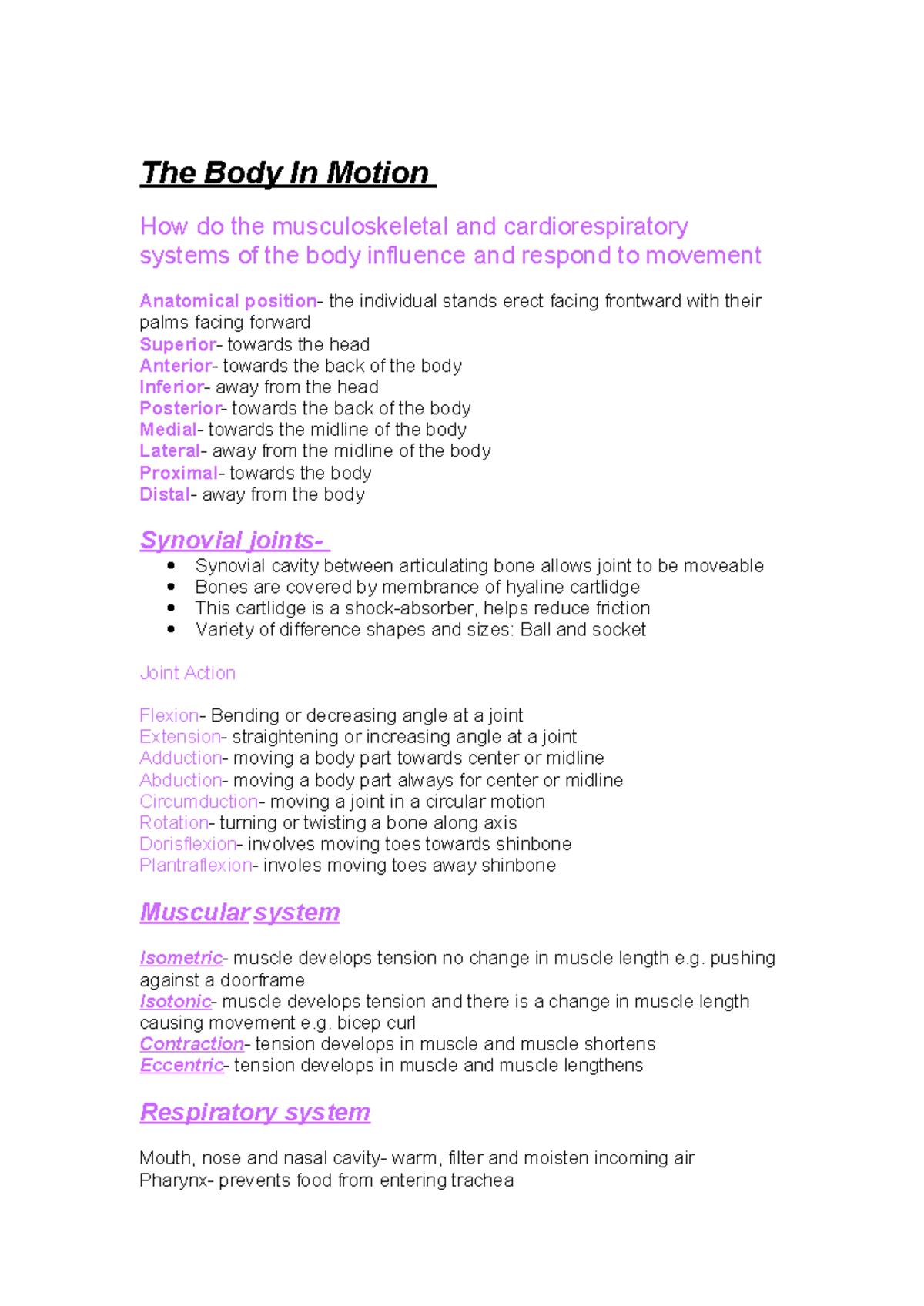 Body in Motion: Musculoskeletal & Cardiorespiratory Systems Study Notes ...