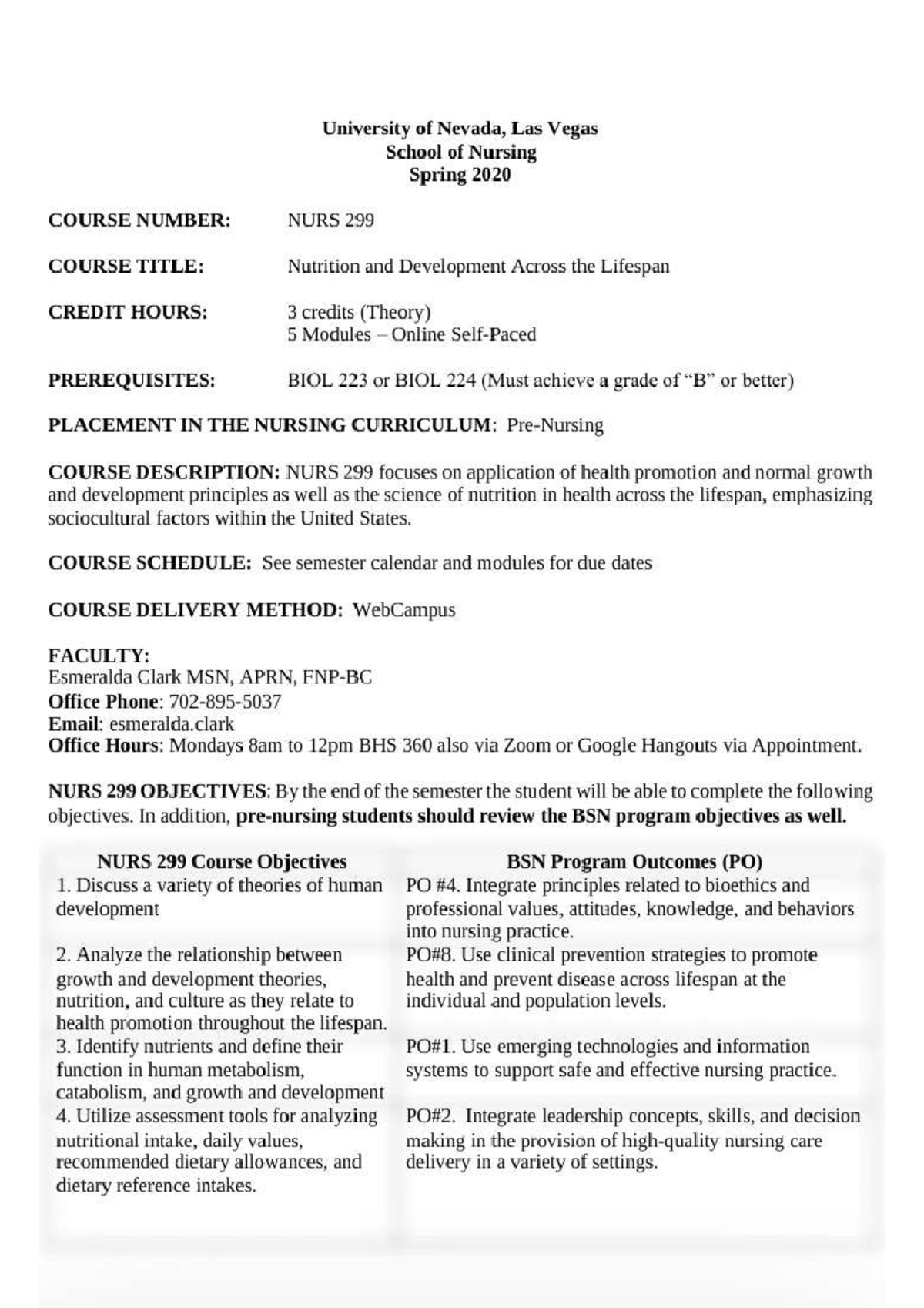 UNLV NURS 299 Syllabus - University of Nevada, Las Vegas School of ...