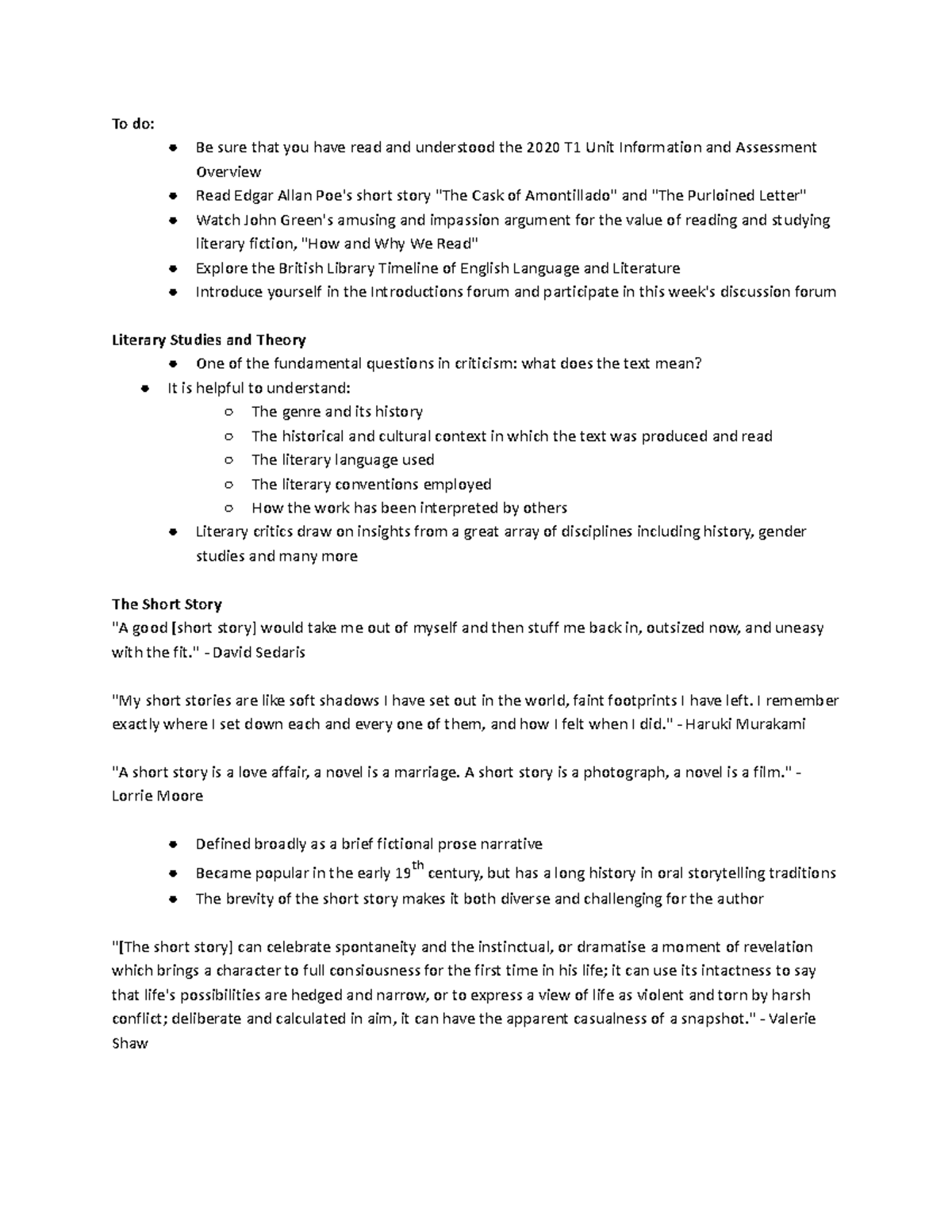 ENGL101 - Week 1 Literary Studies and Short Story Insights - Studocu