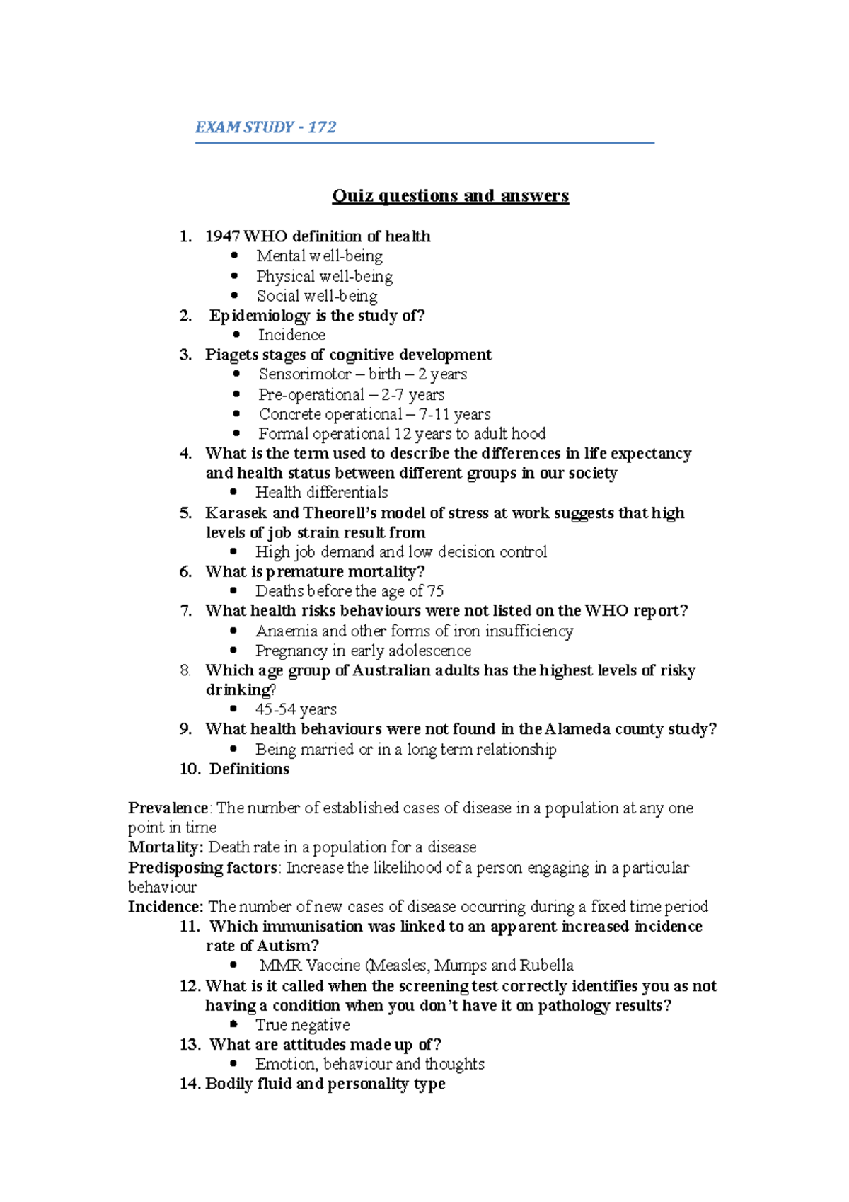 Health Exam Study Guide: Key Concepts & Quiz Questions (172) - Studocu
