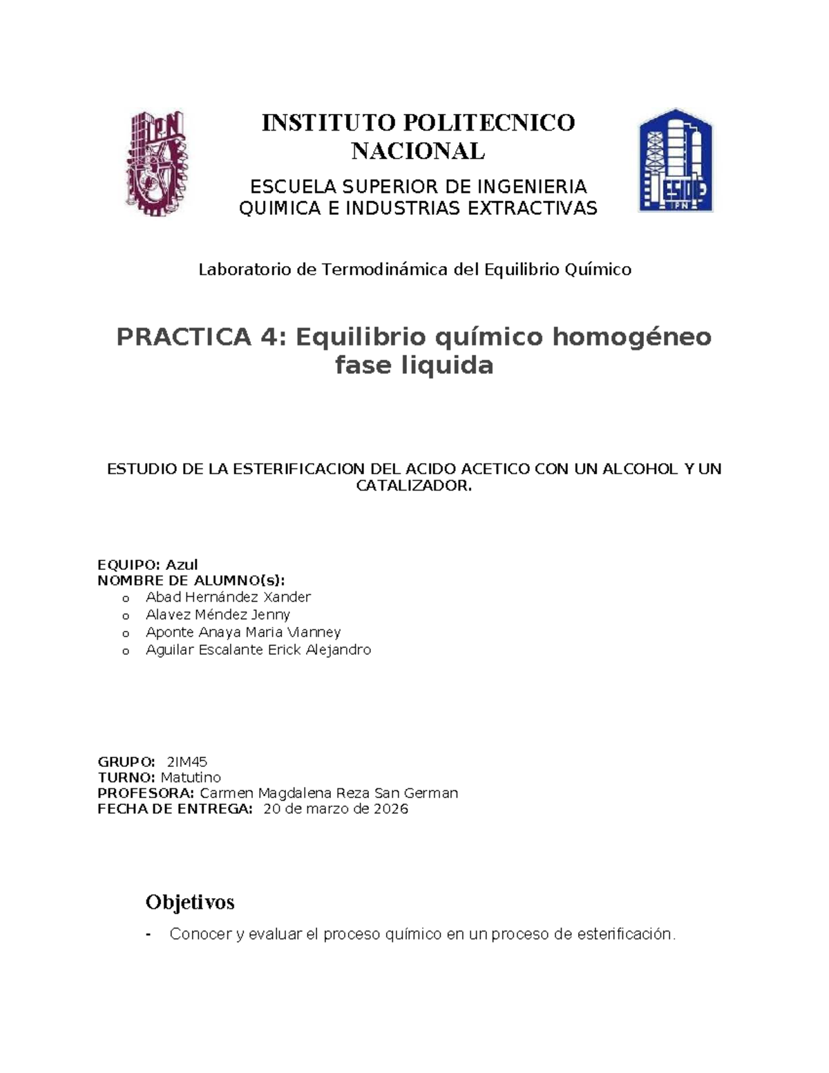 Práctica 4: Equilibrio Químico Homogéneo en Esterificación (2IM45 ...