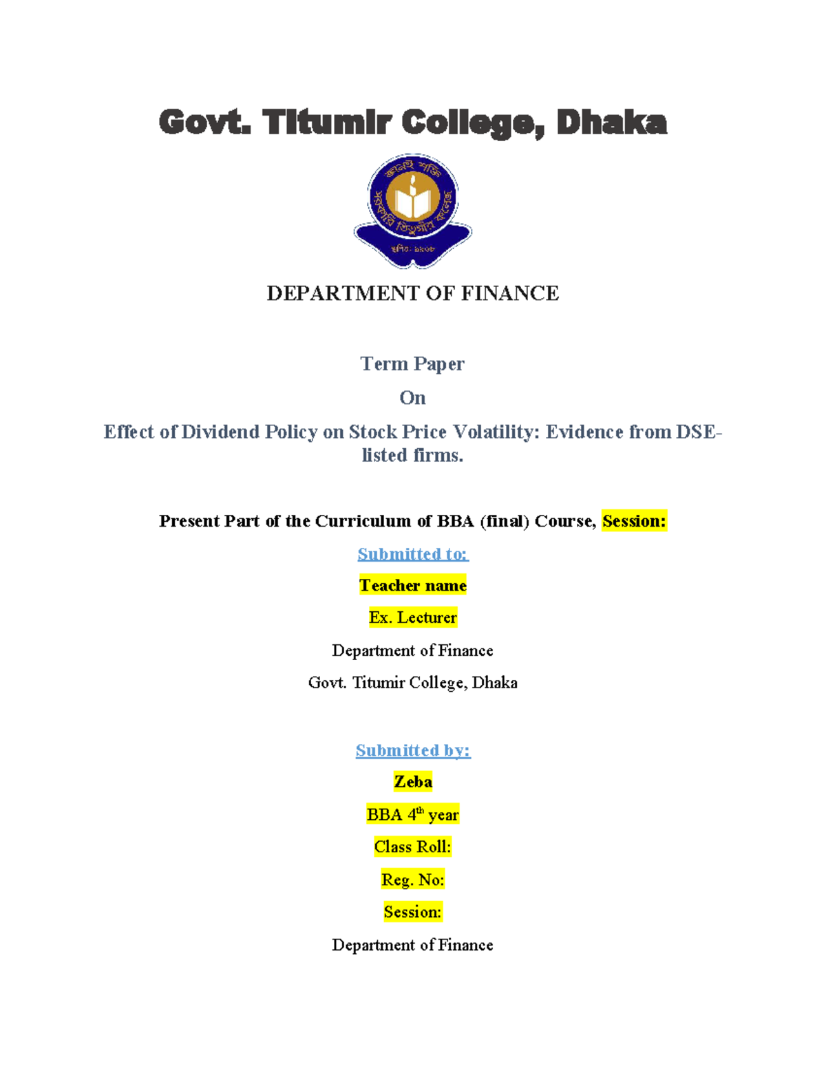 BBA 4th Year Term Paper: Impact of Dividend Policy on Stock Price ...