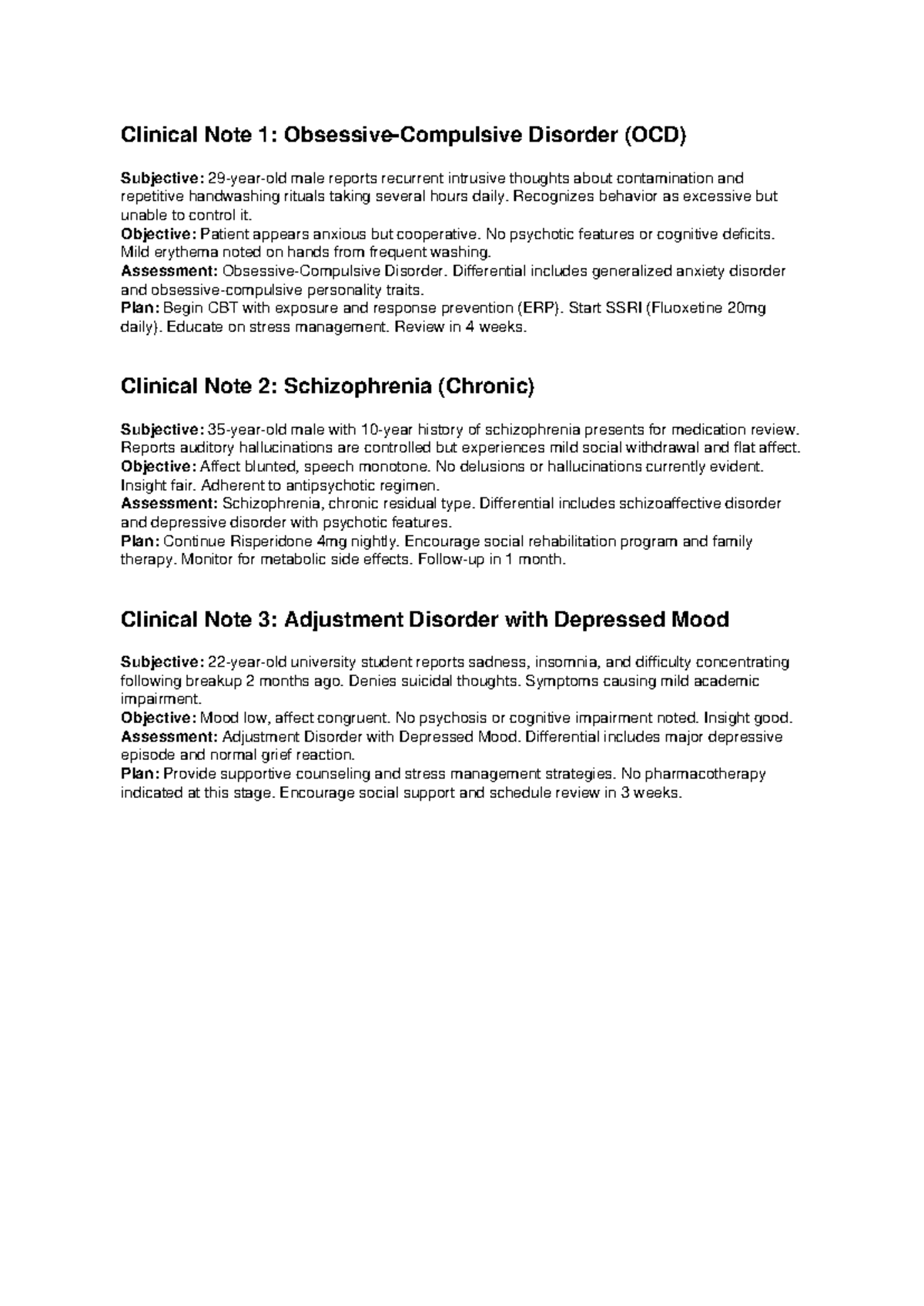 Mental Health Clinical Notes Set 3: OCD, Schizophrenia, Adjustment ...