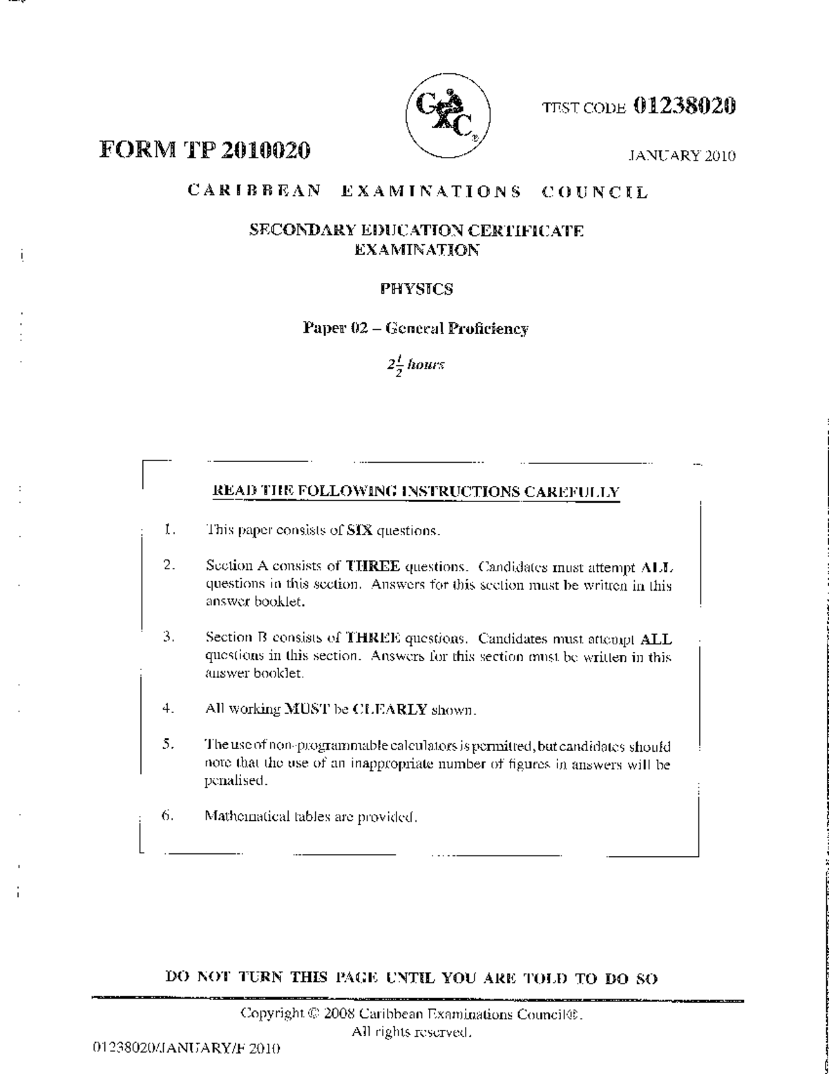 CSEC Physics Paper 02 (01238020) January 2010 Exam Questions - Studocu
