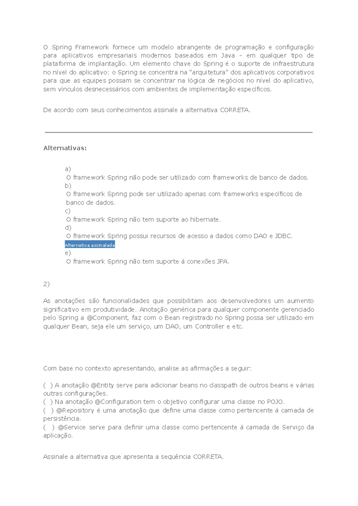 AV1 - Questões sobre o Spring Framework e Aplicativos Orientados a ...