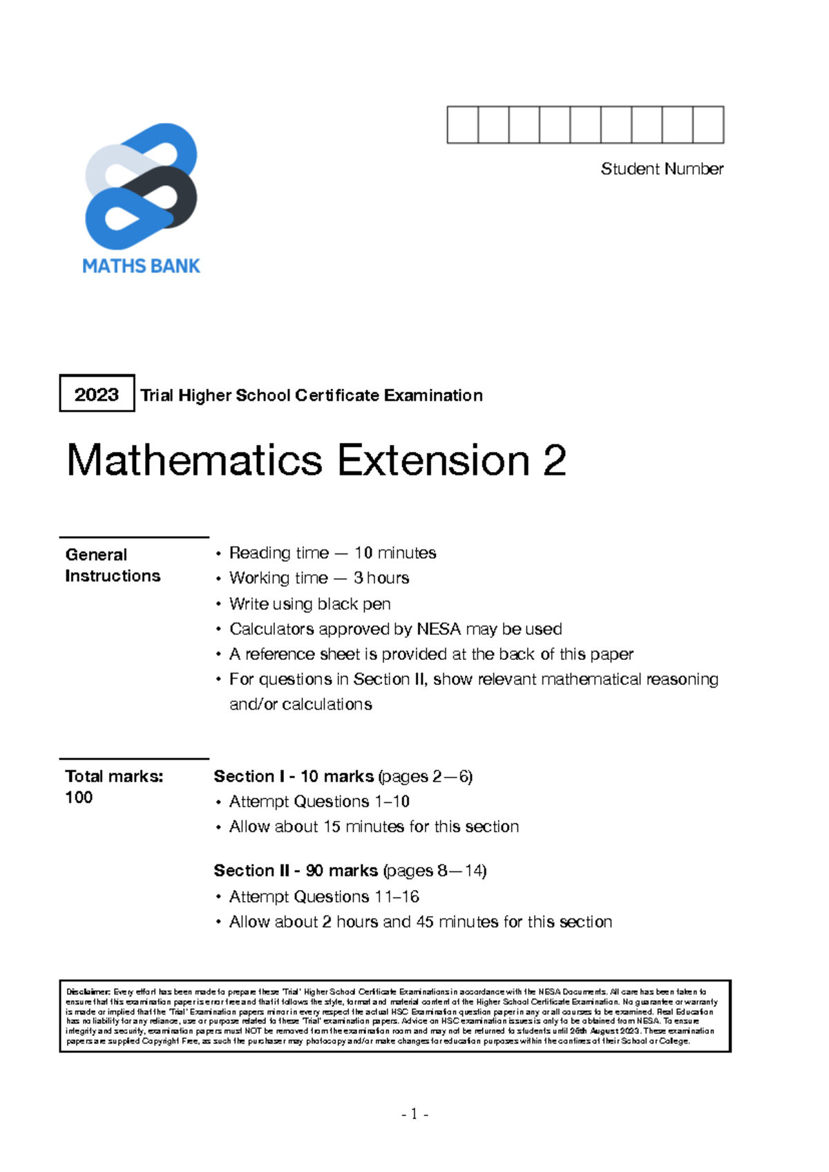 2023 MB HSC Mathematics Extension 2 Trial Exam Paper - Studocu