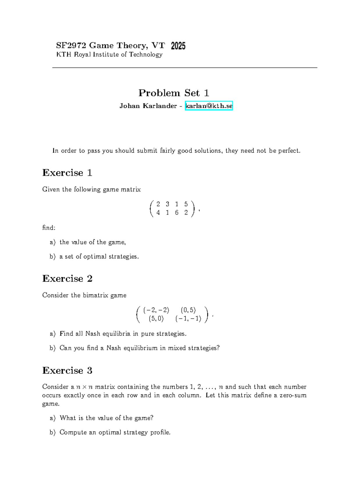 SF2972 Game Theory Problem Set 1 - VT 2024 - Studocu