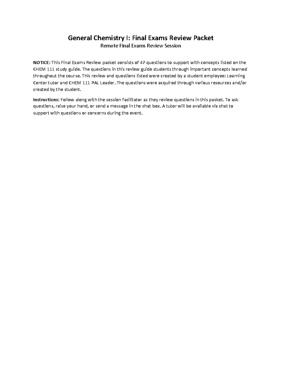 General Chemistry I (CHEM 111): Final Exam Review Packet - Studocu