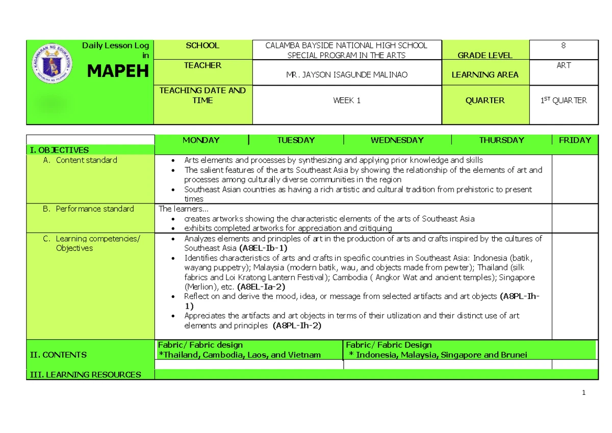 Q1 Grade 7 MAPEH Arts Daily Lesson Log - Week 2 - Studocu