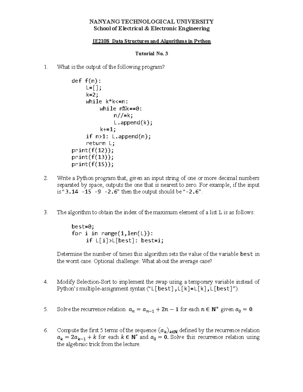 IE2108 Data Structures & Algorithms in Python Tutorial 3 - Studocu