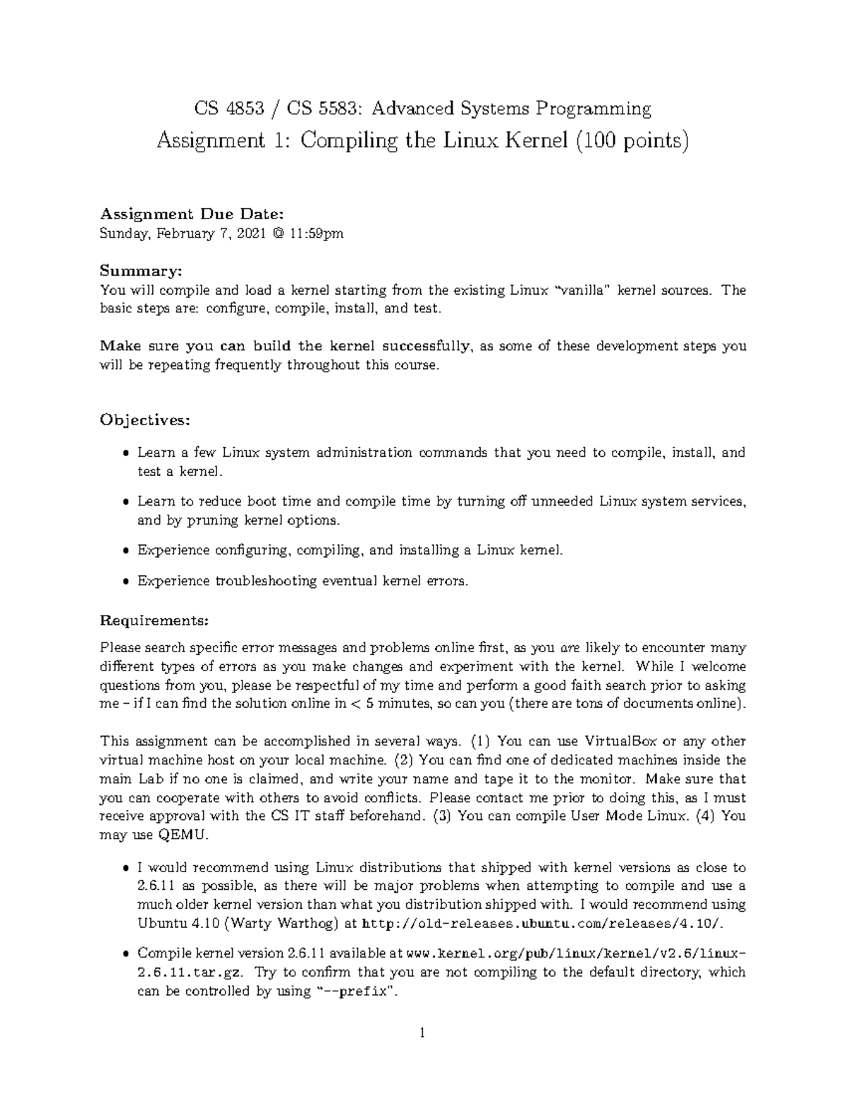CS 4853 / CS 5583: Assignment 1 - Compiling the Linux Kernel ...