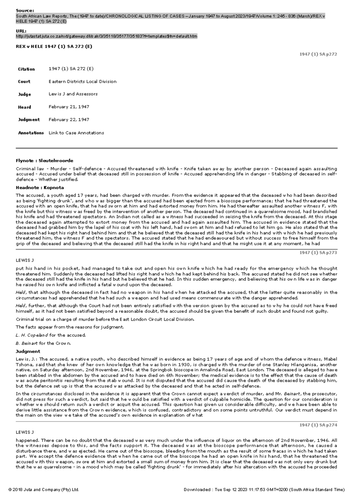 REX v HELE 1947 (1) SA 272 (E): Case Summary and Analysis on Self ...