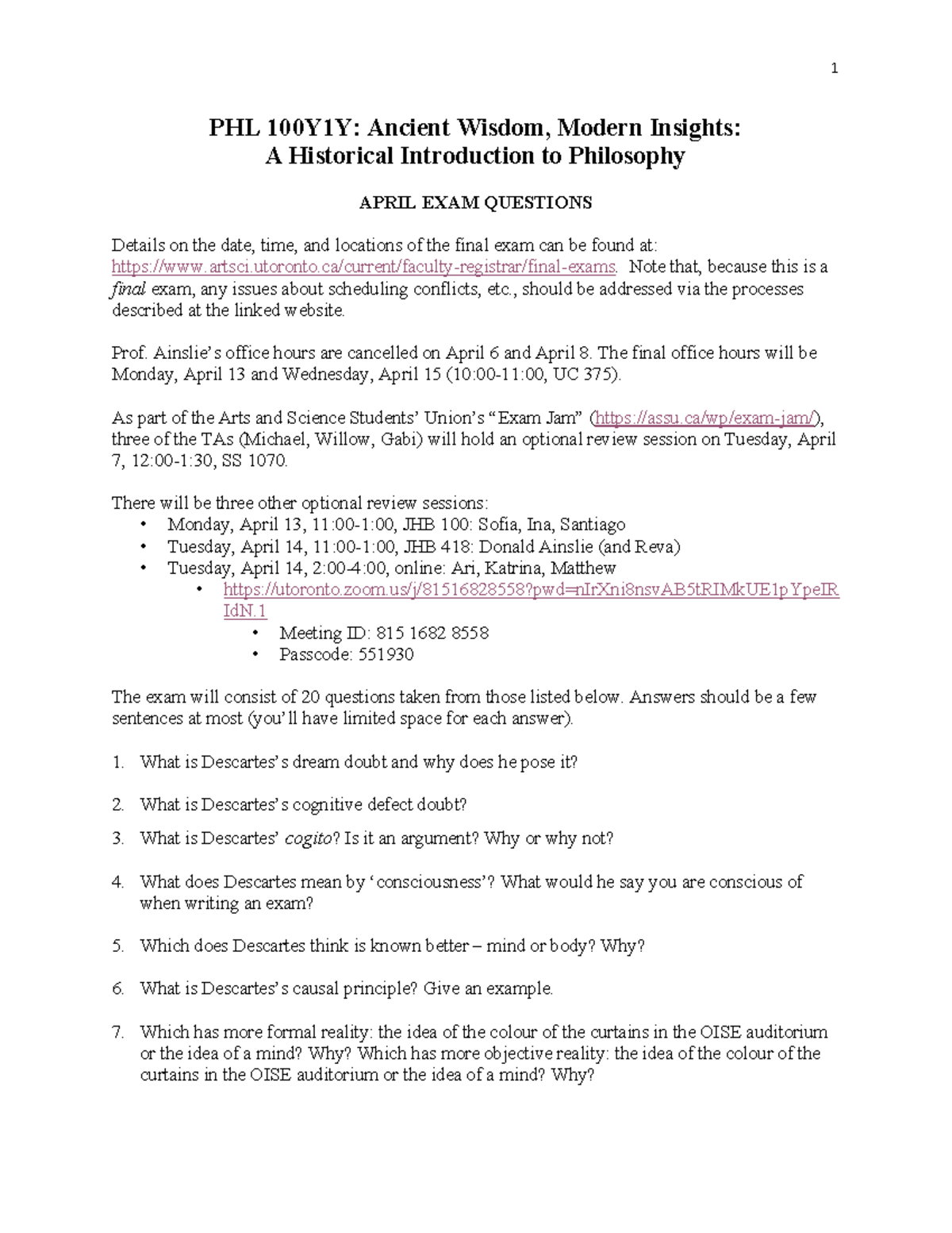 1 PHL 100Y1Y: April 2025 Final Exam Questions and Review Details - Studocu