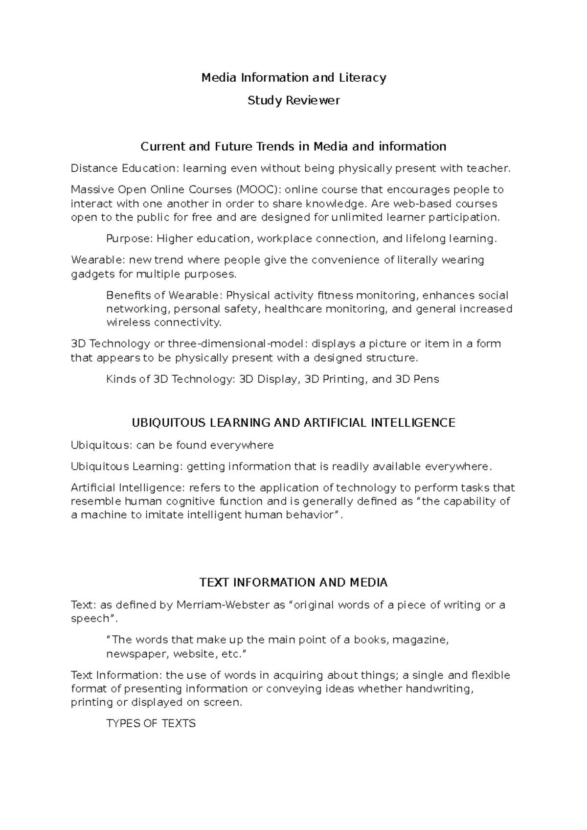 Media Information and Literacy Study Guide - Sem 1 Insights - Studocu