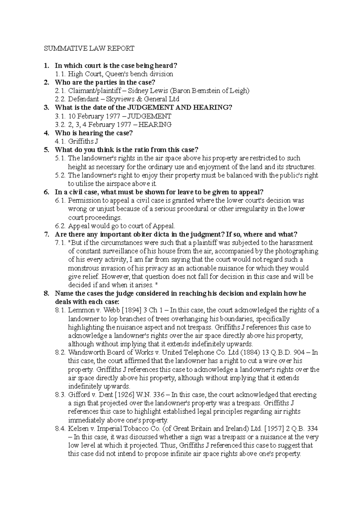 Summative Law Report: High Court Case Analysis - 1977 Judgment - Studocu