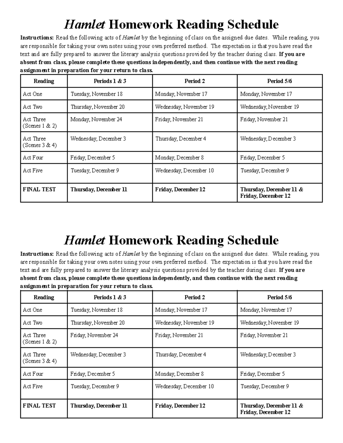 2025 Hamlet Homework Reading Schedule & Test Dates - Studocu