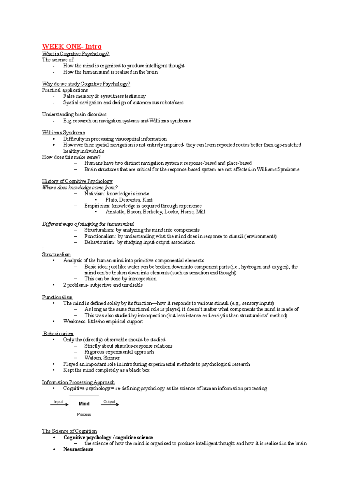 Lec notes - WEEK ONE- Intro What is Cognitive Psychology? The science ...