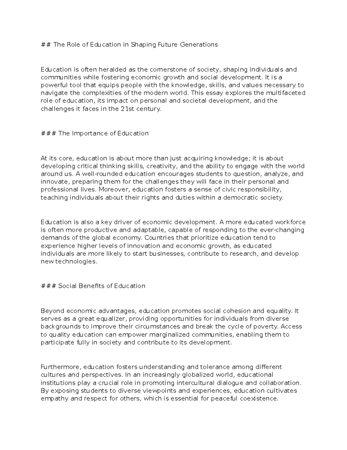 The Multifaceted Role of Education in Shaping Future Generations - Studocu