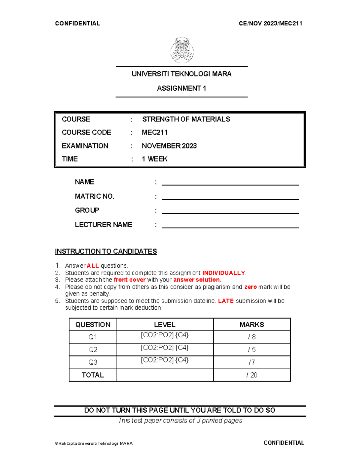 Assignment 1 Question - assingment - CONFIDENTIAL CE/NOV 2023/MEC ...