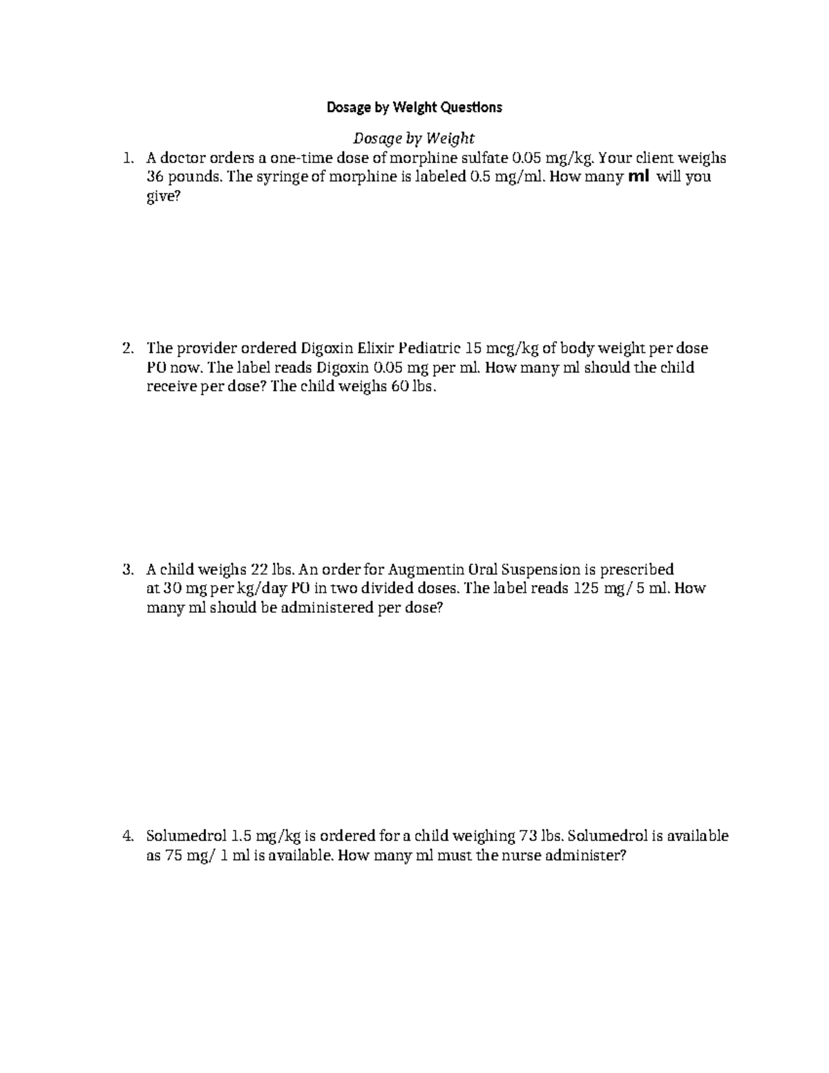 Dosage Calculation Questions for Weight-Based Medication Dosing - Studocu