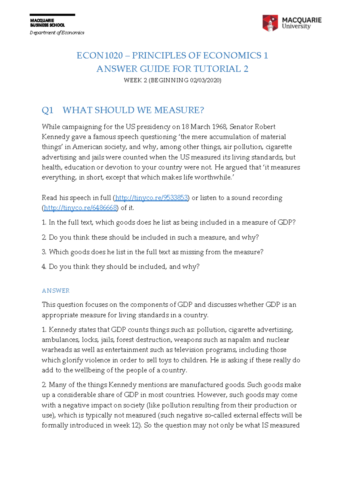 ECON 1020: Tutorial 2 Answers on GDP & Capitalism Principles - Studocu
