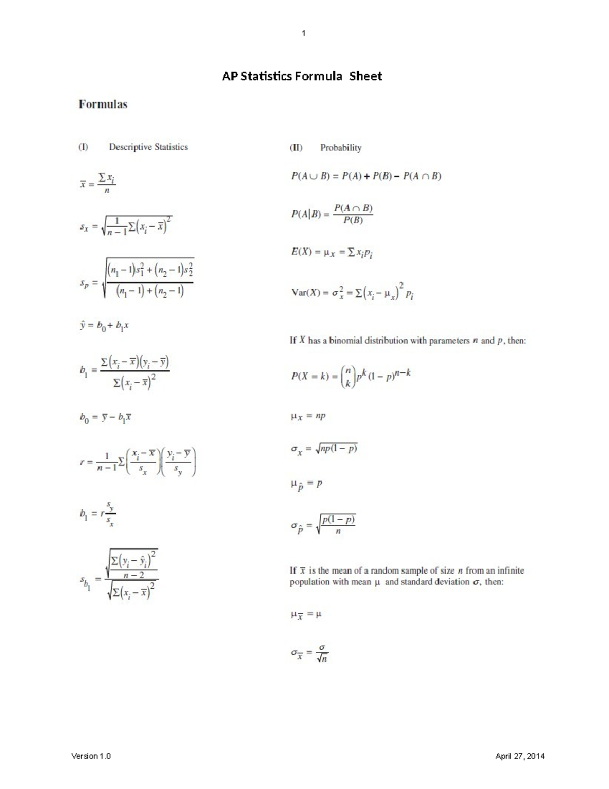 AP Statistics Formula Sheet & Notes (Version 1.0) - Studocu