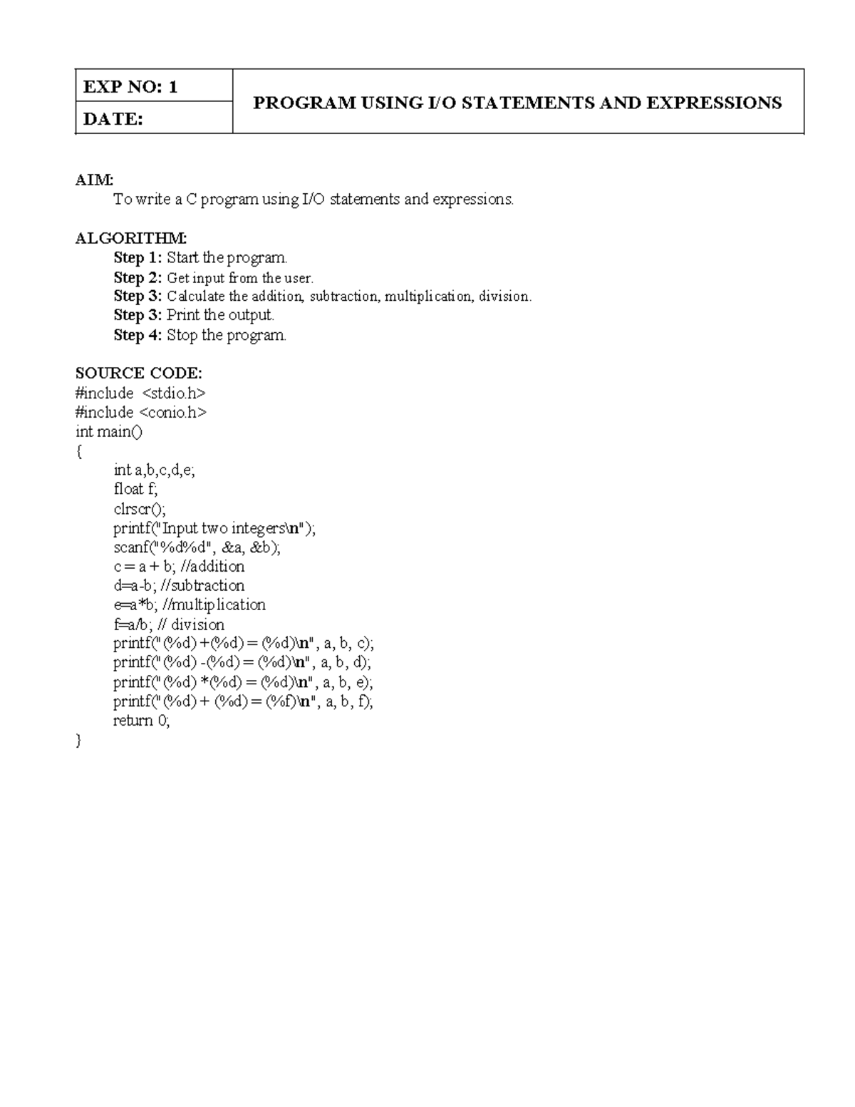 CS3271 Pro C Lab manual full-converted - EXP NO: 1 PROGRAM USING I/O ...