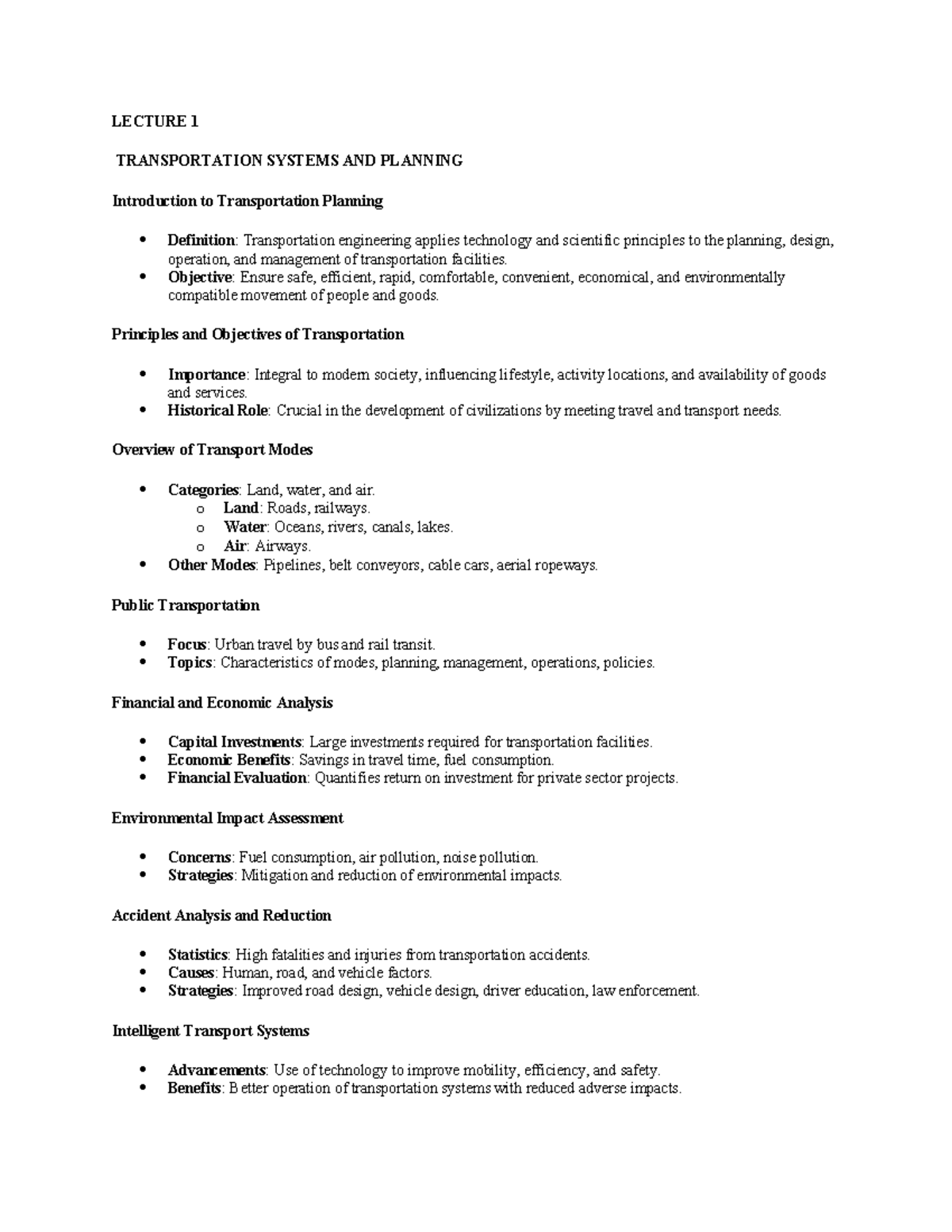 Transportation Systems AND Planning - LECTURE 1 TRANSPORTATION SYSTEMS ...