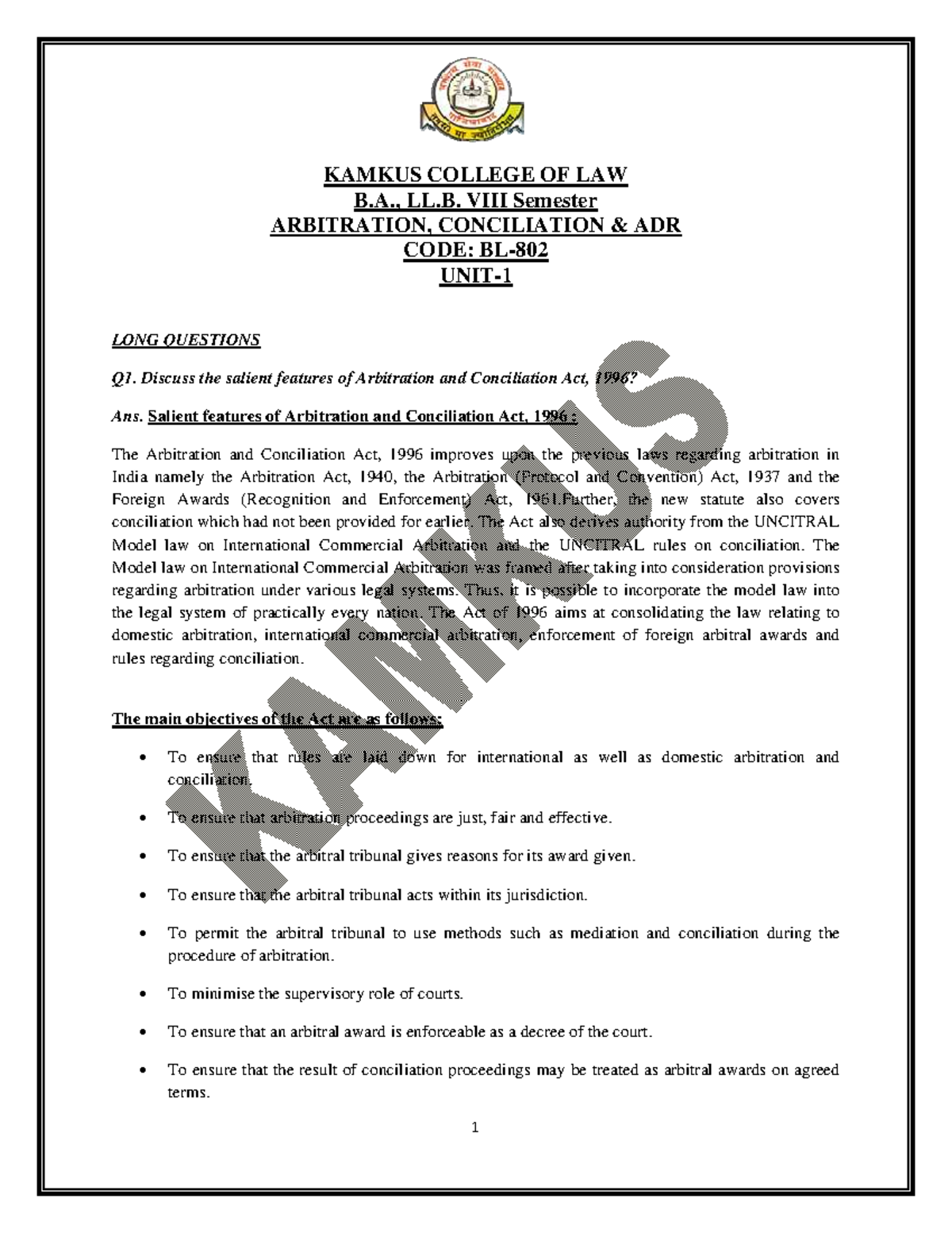 Arbitration and Conciliation Act, 1996: Key Long Questions and Answers ...