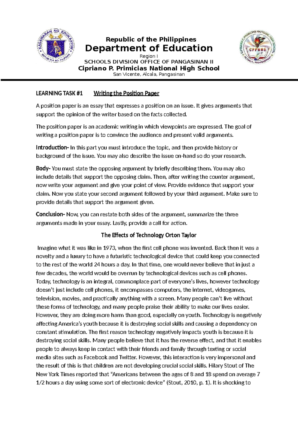 Q2 Learning Task 1: Writing a Position Paper on Technology's Impact ...