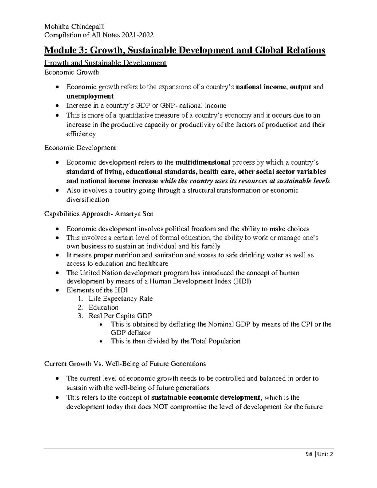 MOD-3: Economics U2 Notes on Growth & Sustainable Development - Studocu