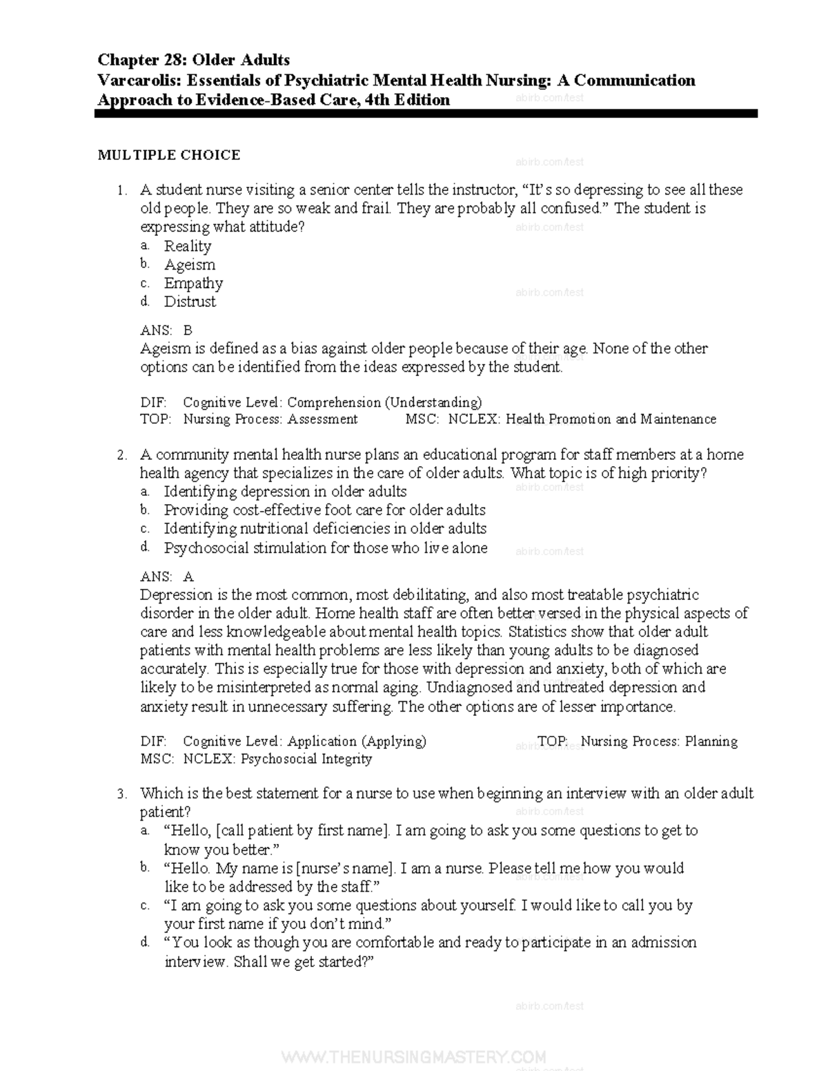 Chapter 28 NCLEX Nursing Test Bank: Focus on Older Adults' Care - Studocu