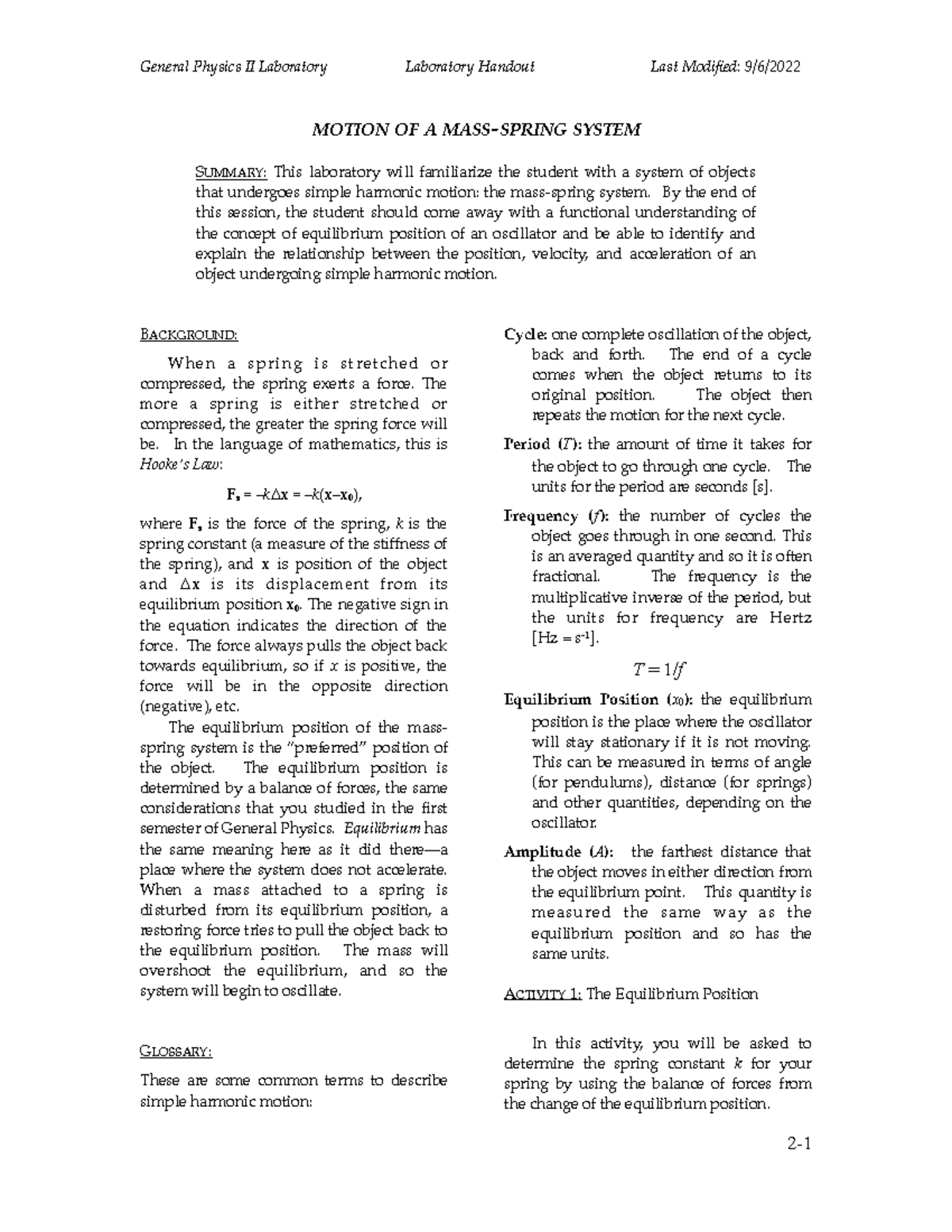 General Physics II Laboratory: Lab 2 - Motion of a Mass-Spring System ...