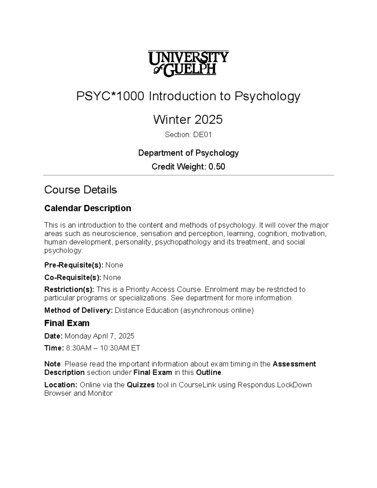 PSYC1000 DE01 W25 Introduction to Psychology Course Outline - Studocu