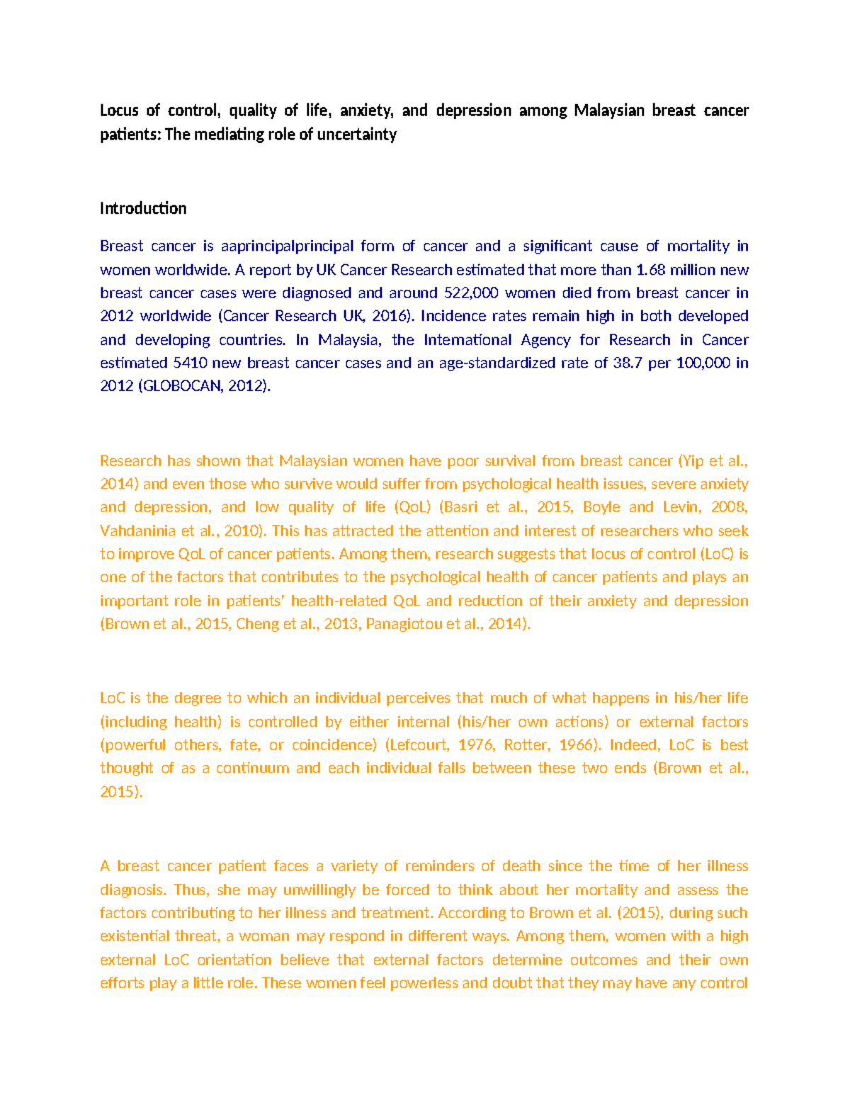 Locus of Control & QoL: Mediation by Uncertainty among Breast Cancer ...