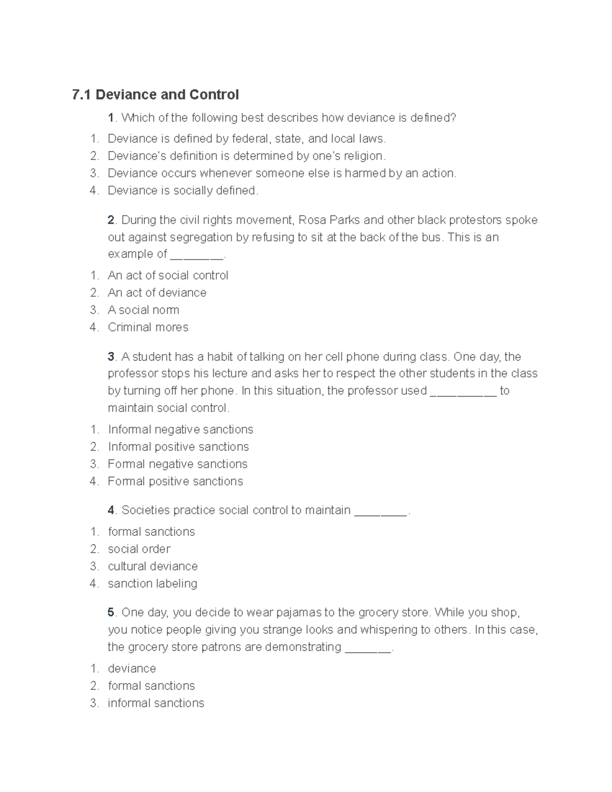 Soc 1 Chapters 7-8 Study Guide (No Answers) - 7 Deviance and Control ...
