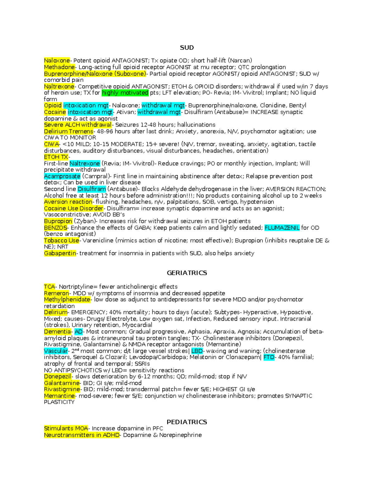 SUD, Geriatrics & Pediatrics Exam 3 Study Notes - Studocu