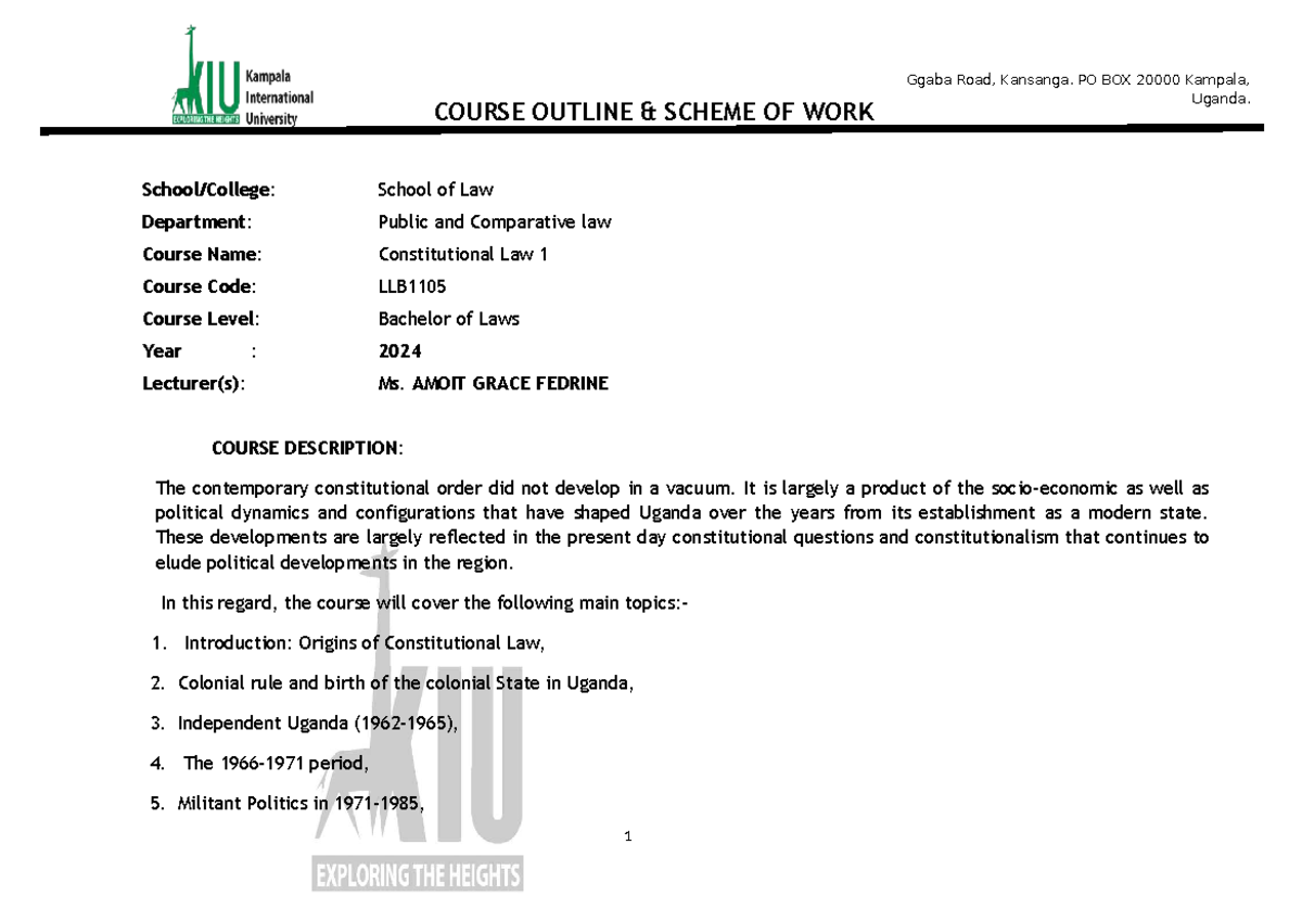 Constitutional Law 1 Course Outline (LLB1105) - School of Law - Studocu