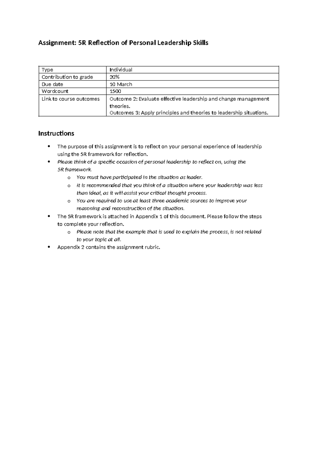 5R Reflection on Personal Leadership Skills for Assignment 2025A - Studocu