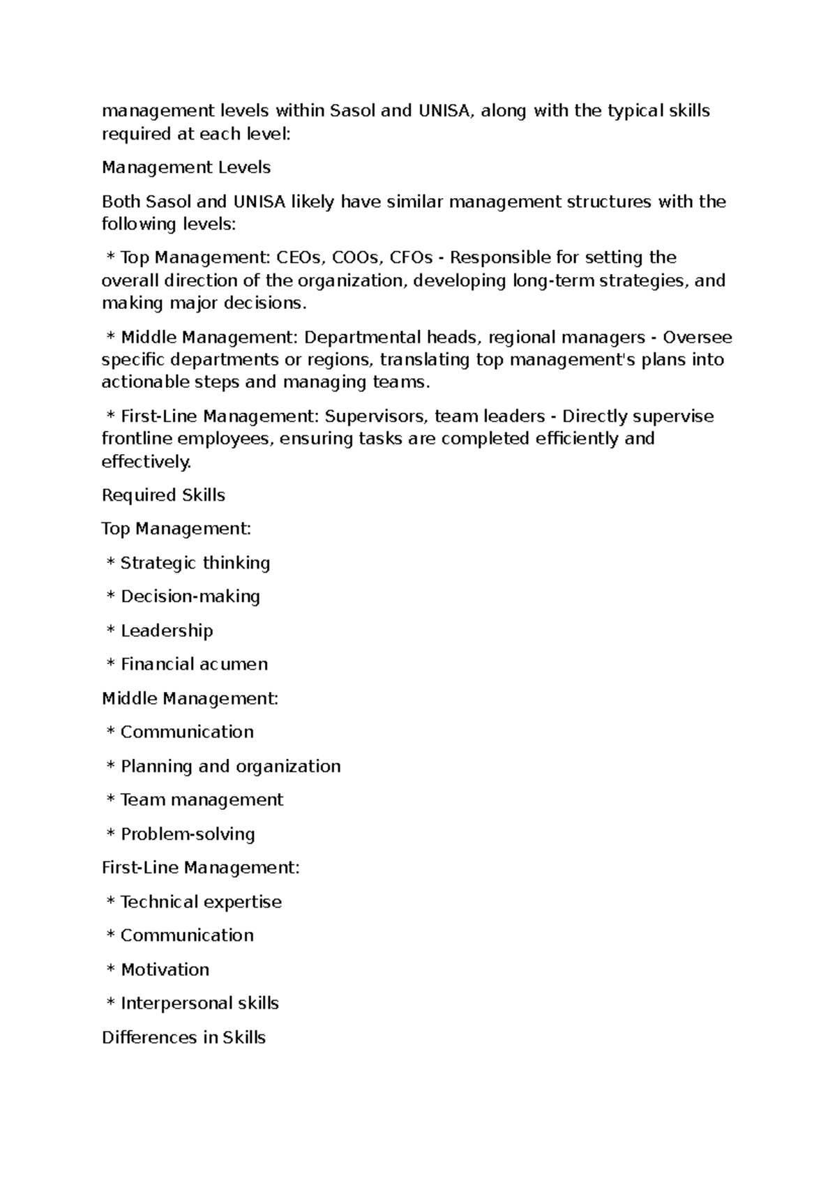 Management Levels & Skills at Sasol and UNISA: A Comparative Study ...